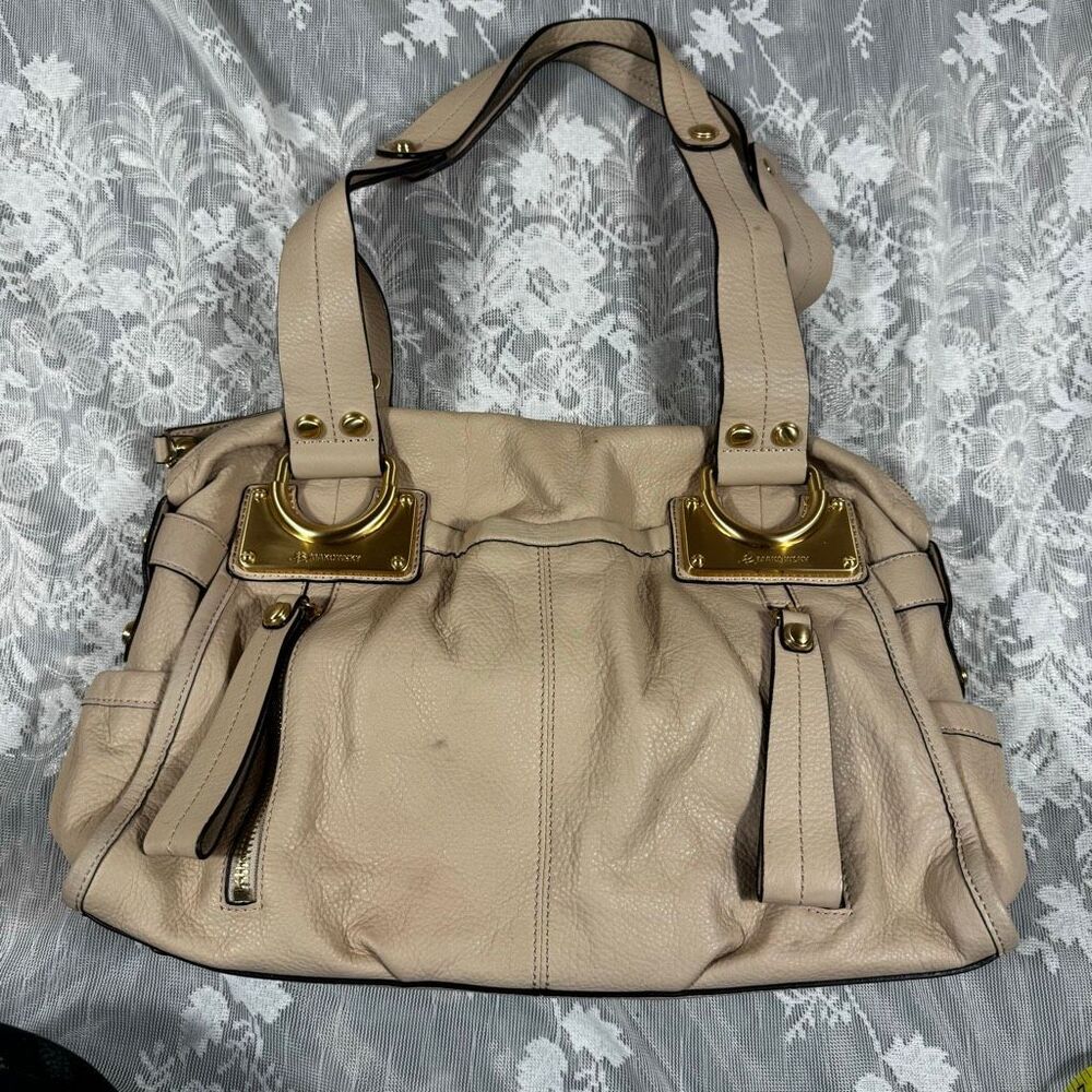 B. Makowsky Pebbled Leather Satchel – Tan/Camel | Gold D-Ring Plate Hardware | L